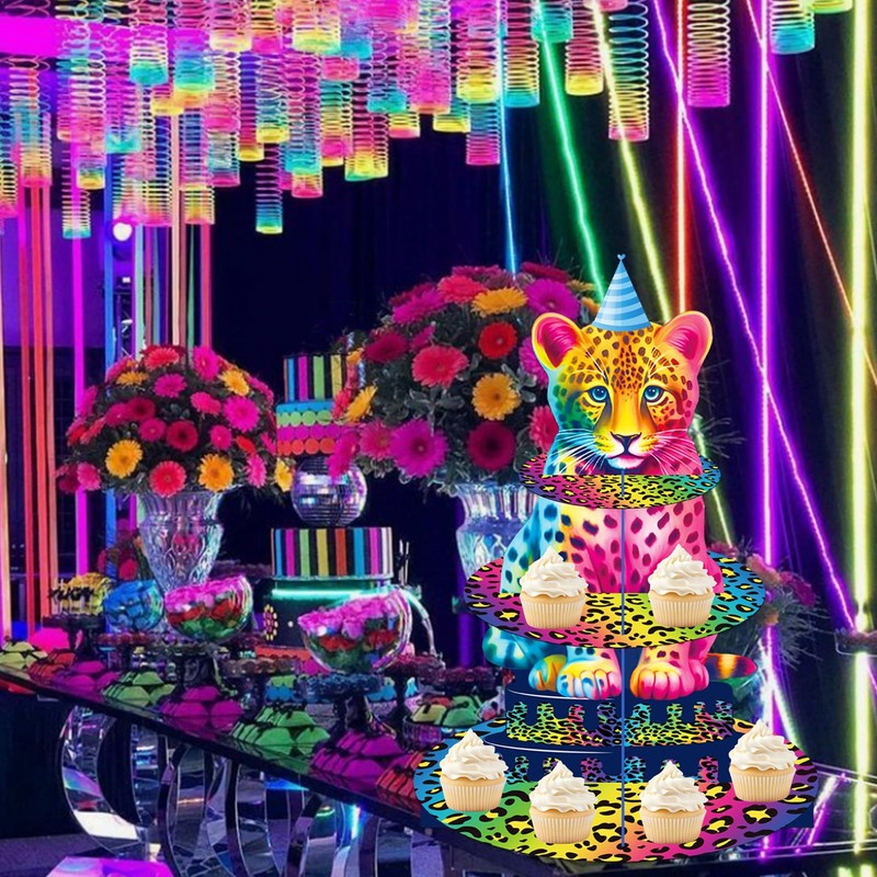 Rainbow Neon Leopard Cupcake Stand Cheetah Birthday Party Decorations 3 Tiers... gallery