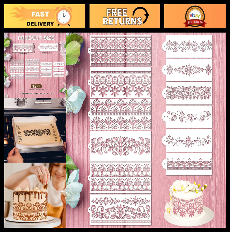 12 Pcs Reusable Cake Stencils – Floral Border & Mexican Art Lace Templates for B