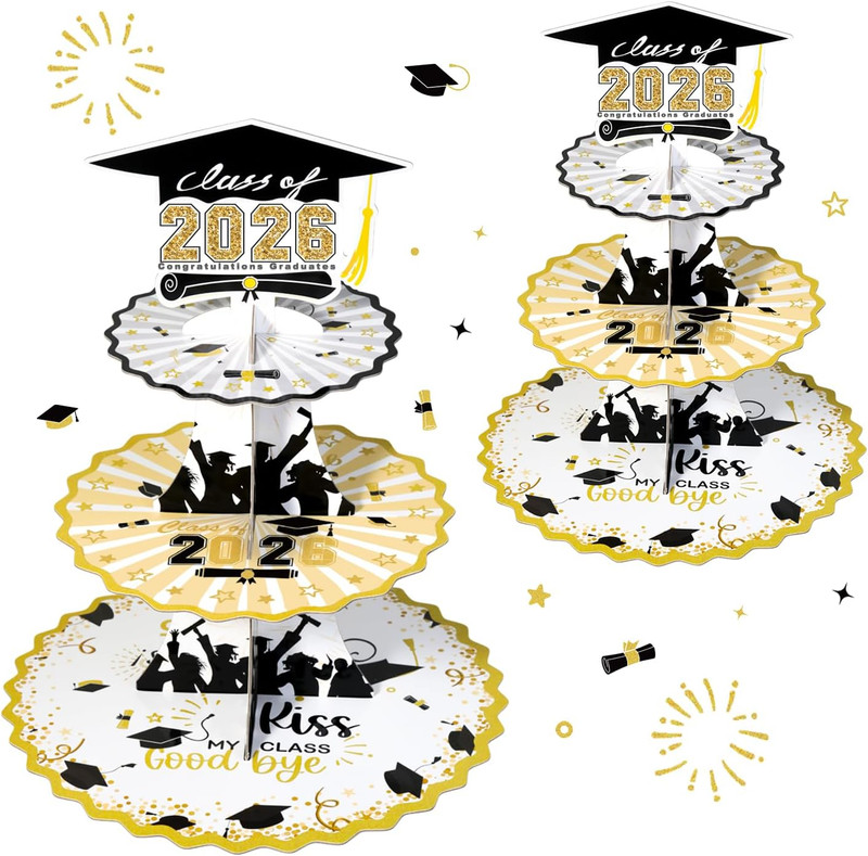 Set of 2 Graduation Cupcake Stand for 50 Cupcakes Black Gold Graduation Cap Deco