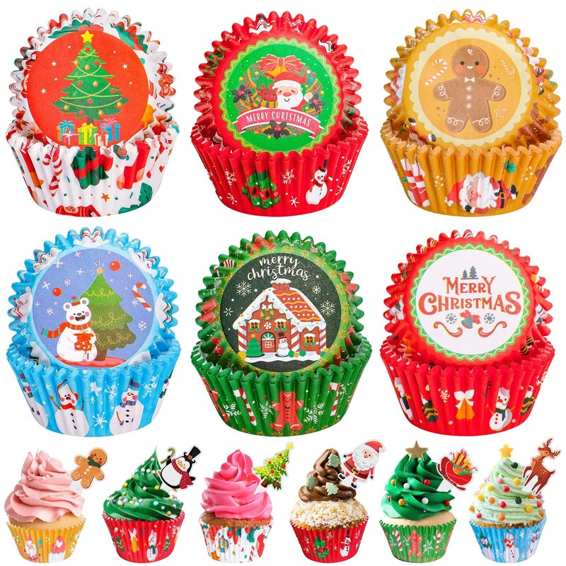 Christmas Cupcake Liners with Toppers Picks Standard Disposable Baking Cups