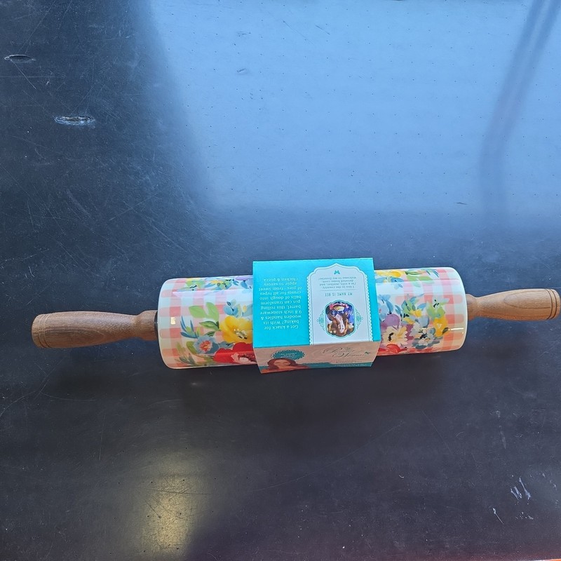 Pioneer Woman Ceramic Rolling Pin Sweet Romance Blossoms Pink Acacia Wood Handle gallery