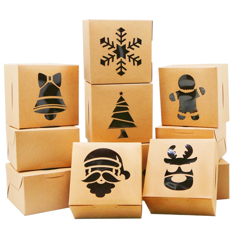36 PCS 4x4x2.5 Inch Brown Christmas Cookie Bakery Box Gift Pastry Donut