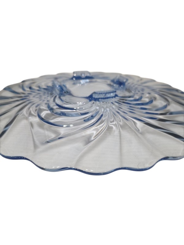 Vintage Light Blue Glass Cake Plate 14.5" Swirl Design Scalloped Edge Elegant gallery