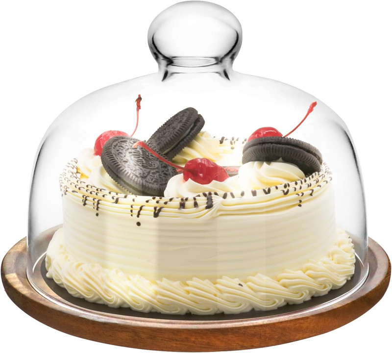 Glass Dome Cloche with Acacia Wood Tray – 7″ Cover for Cakes, Cheese & Table Dis