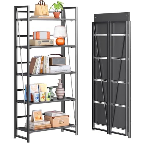 No Assembly Folding Bookshelf, 5-Shelf 62.2″ H Collapsible 5-Tier All Black