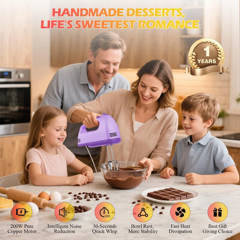 WADODO 7-Speed Electric Hand Mixer – Portable Food Mixer Kitchen Mixer with 3... gallery