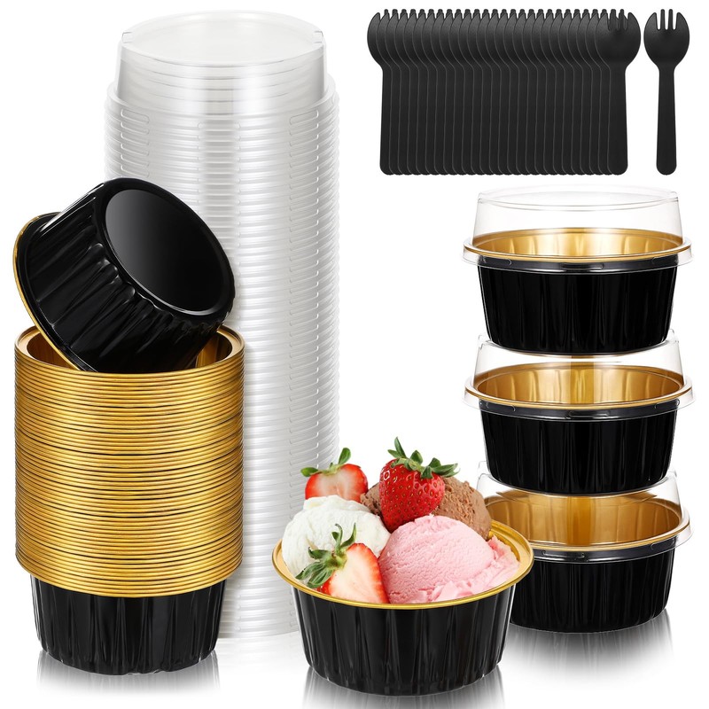100 Pcs 5 Oz Mini Cake Pans with Lids, Disposable Aluminum Foil Mini Muffin P…