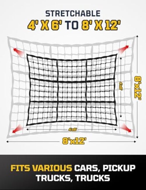 Cargo Net for Pickup Truck Bed - Stretchable 4' x 6' to 8' x 12' with 4" x 4" gallery