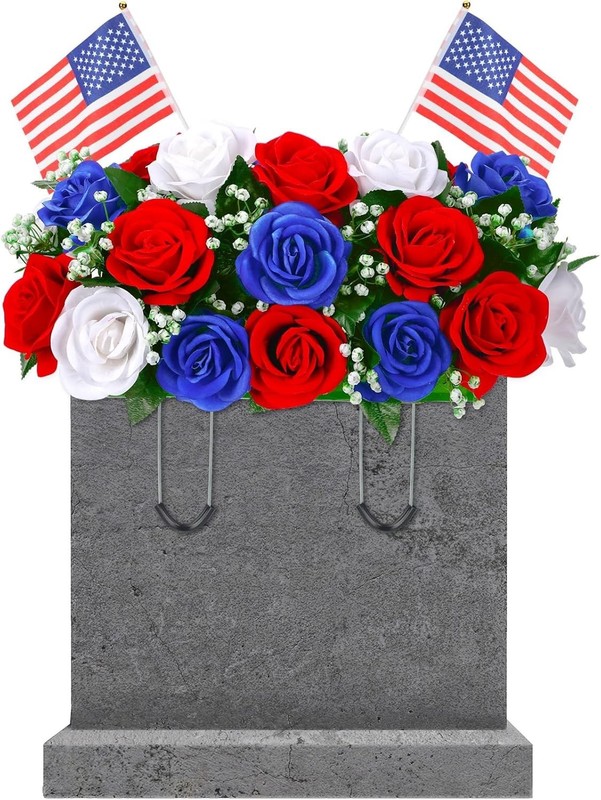 Patriotic Headstone Flower Saddle with Americans, 4th of July Red White Flag