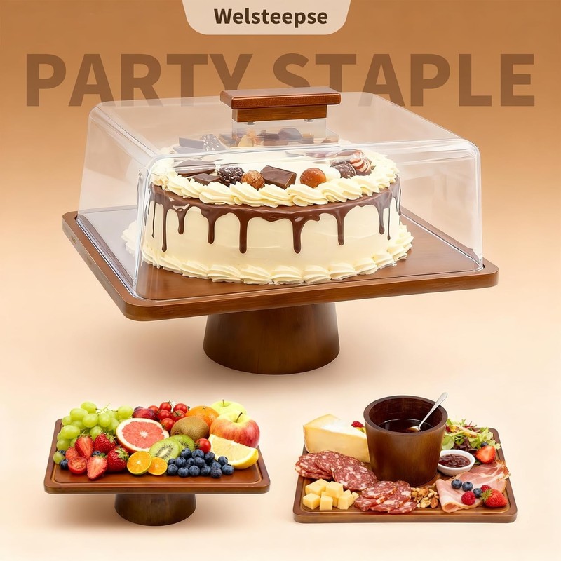 Wood Cake Stand W/ Lid Rectangular Cake Holder 2-in-1 Dessert Table Display Set gallery