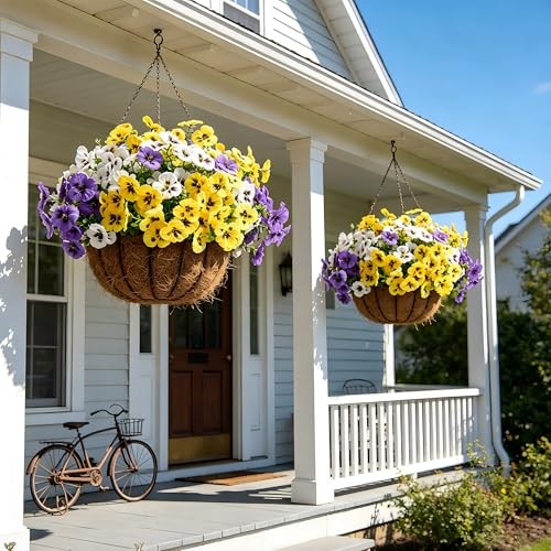 Artificial Pansies Flowers for Outdoors, 12 Pcs Faux Yellow White Purple,12 Pcs gallery