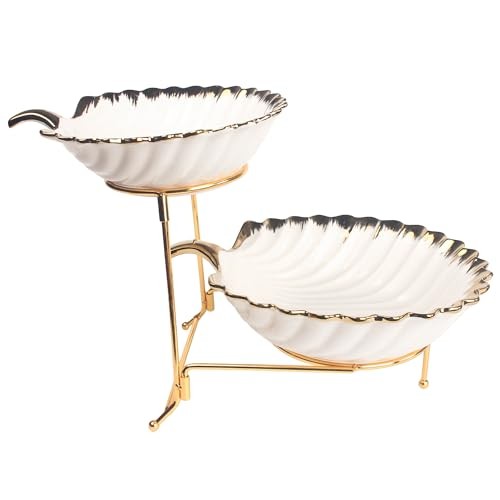2-Tier Serving Rack with Ceramic Serving Bowls, Foldable Gold Stand with 2 gallery