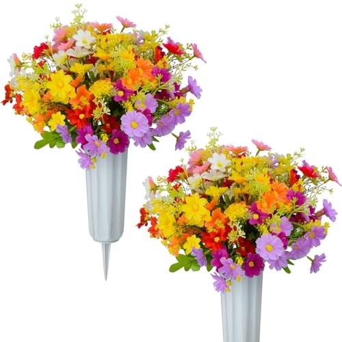 Artificial Cemetery Flowers Memorial Silk Daisy with Vase for Grave With Vase
