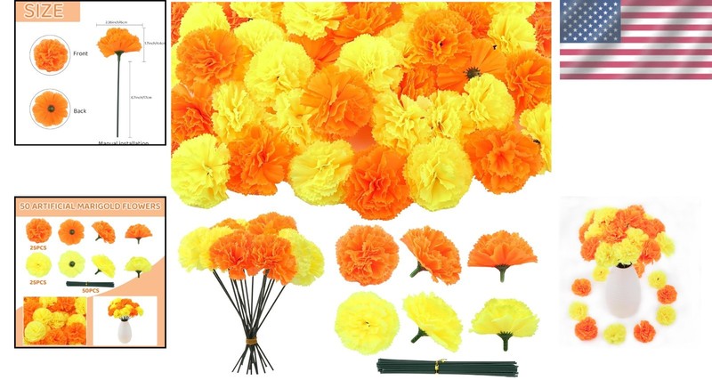 Hananona Pcs Marigold Flower Heads Bulk, Silk Marigold with Stems 50 Orange gallery