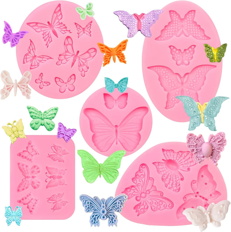 Butterfly Silicone Fondant Molds, Pink, Set of 5, for Cake Decorating, Candy