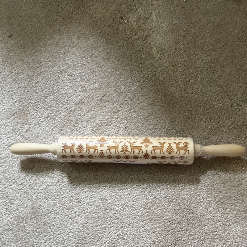 Embossed Wooden Rolling Pin • Holiday Themed • Reindeer, Christmas Trees
