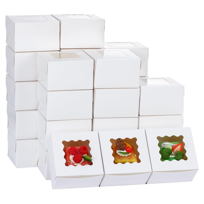 White Cookie Boxes With Window 4x4x2.5 Inch Small Bakery Treat Case 200 PK