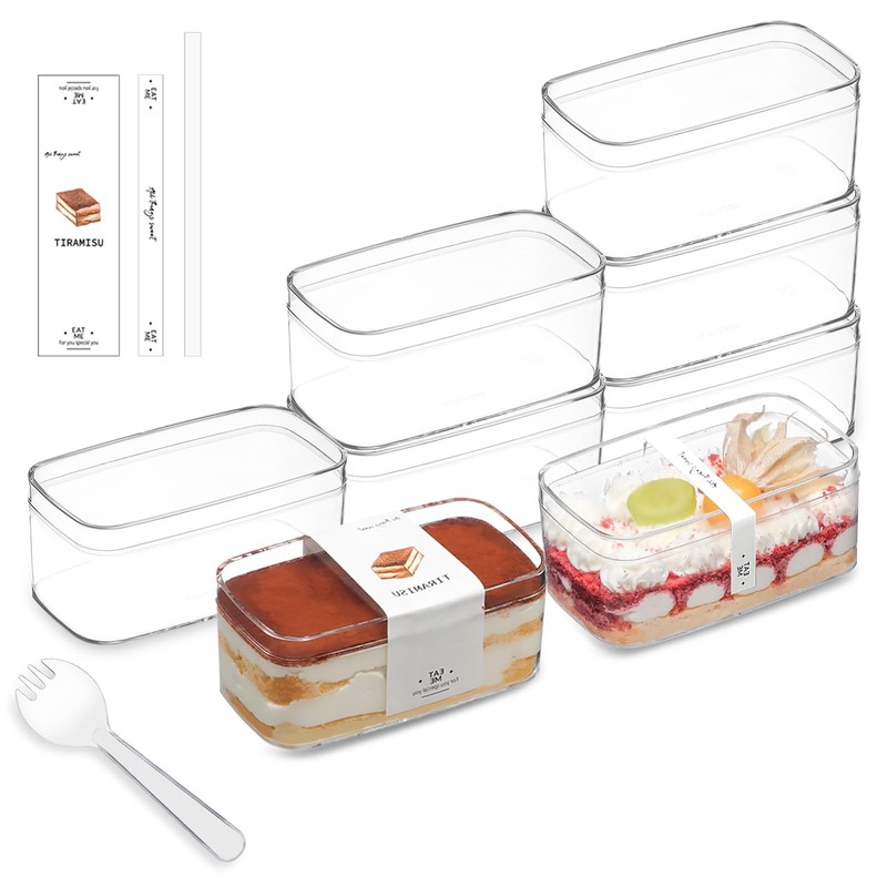20 Pack 10OZ Rectangle Clear Plastic Dessert Cups with Lids and Sporks&Sticke…