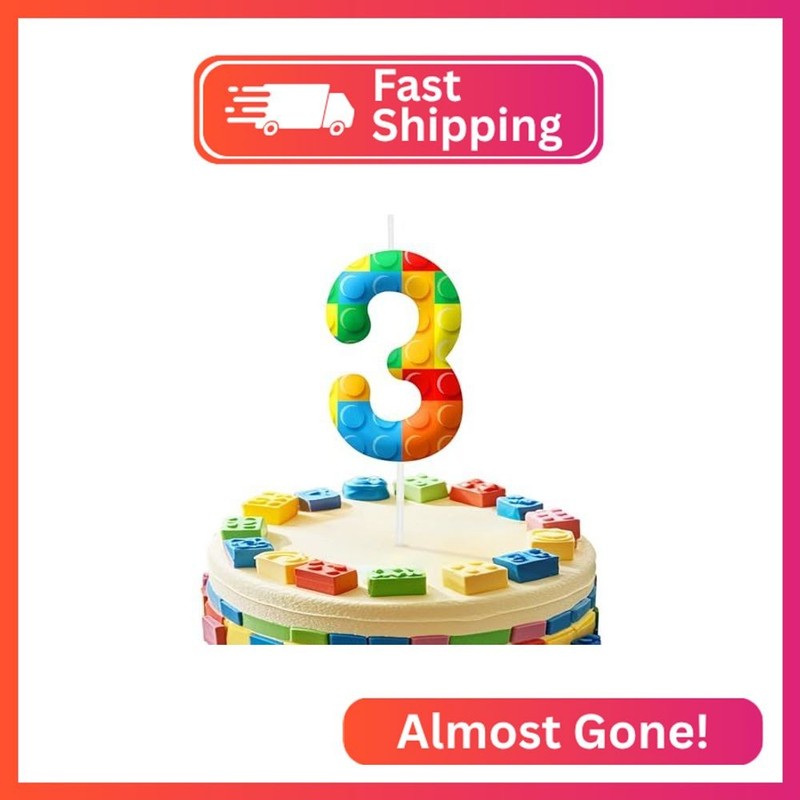 Building Block 3rd Birthday Candles, Number 3 Candle Cake Topper for Building Bl