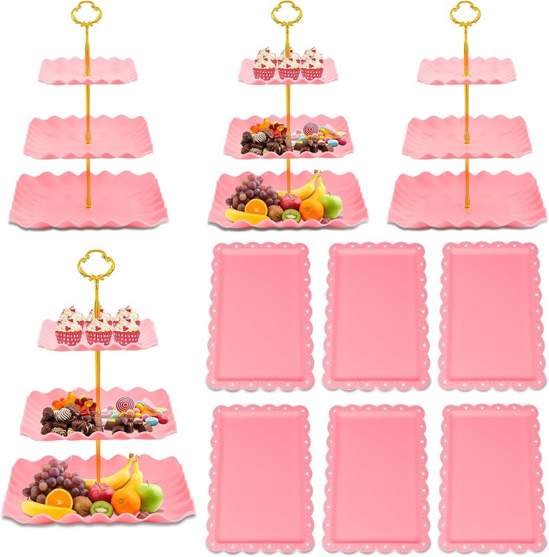 10 Pack Dessert Table Display Set 4 Three-Tier Square Cupcake Stands & 6 Serving gallery