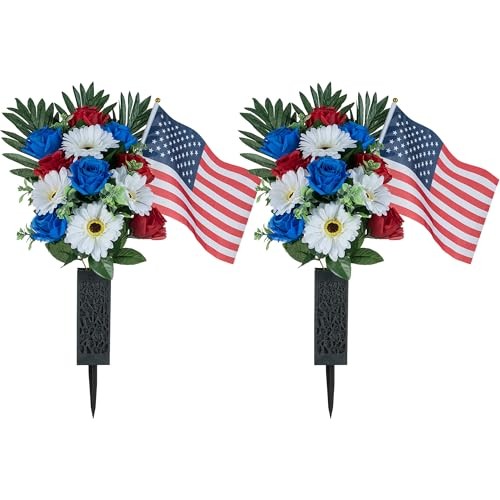 Memorial Day Flowers for Cemetery: 2 Pcs Outdoor Grave Large – 12 heads