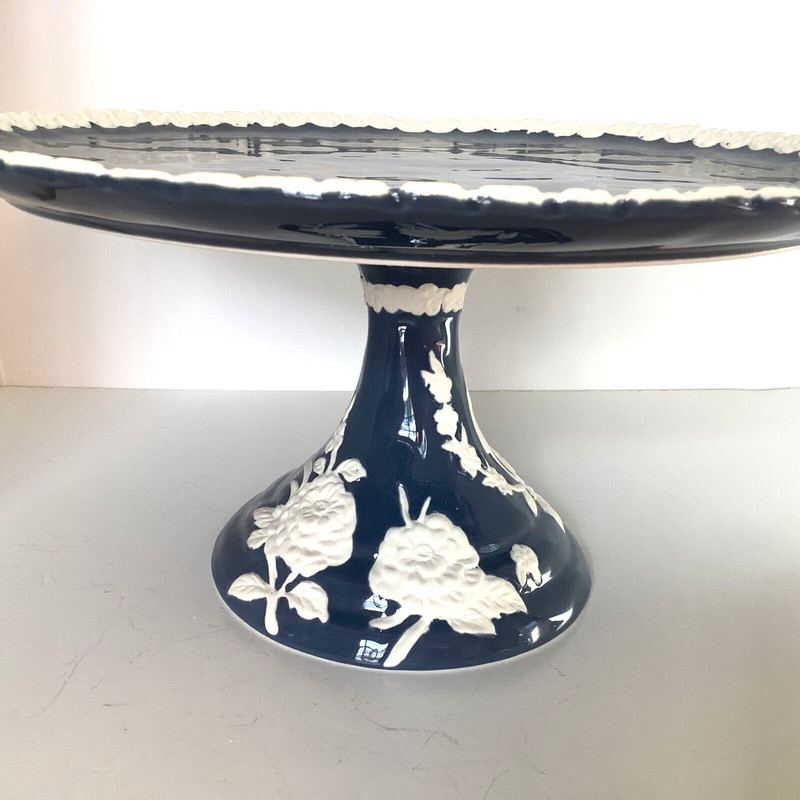 Anthropologie Turkuaz Kitchen Posy Cake Stand Betul Blue White Floral 11.5"D New gallery