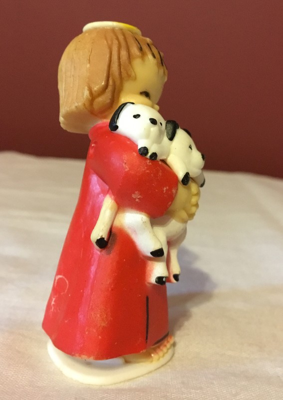 Vintage Cake Topper Girl with Halo Holding Puppies Lamb Red Dress gallery