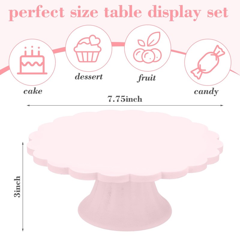 Pink Wooden Cake Stand Scalloped Reusable Round Cake Stand Dessert Holder for... gallery