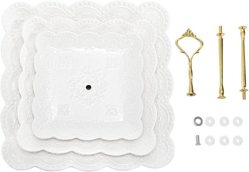 2 Pack 3-Tier White Ceramic Embossed Dessert Cake Tower Stand with Gold Carry Ha gallery