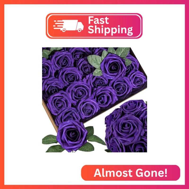 LCiclly 25pcs Purple Artificial Flowers Dark Purple Foam Fake Rose with Stems 8