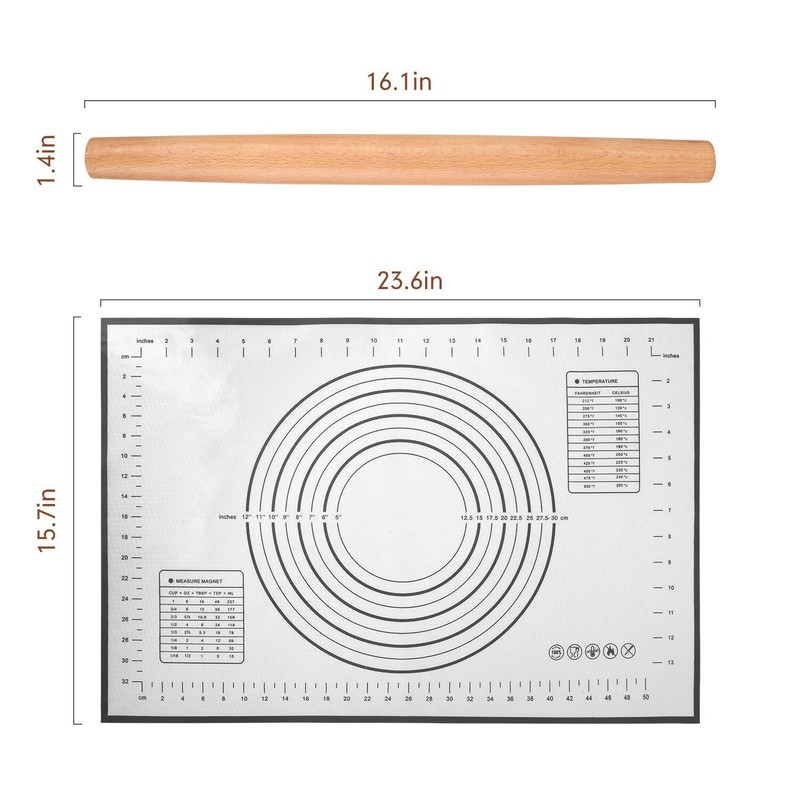 French Rolling Pin with Silicone Baking Mat Beech Wood Dough Roller for Baking gallery