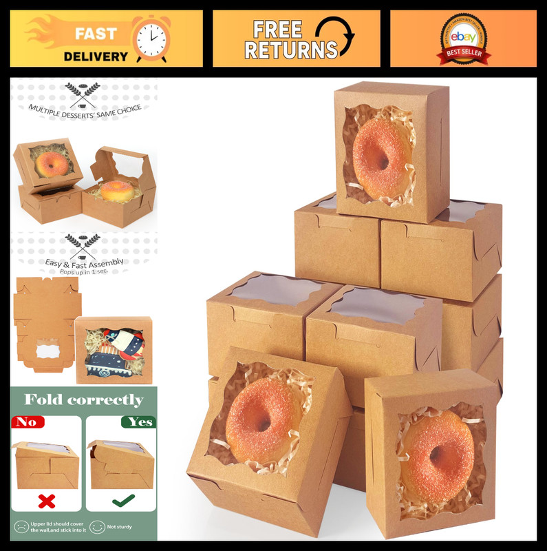 200 Pcs Brown Bakery Boxes with Window – 4″x4″x2.5″ Macaron & Donut Containers
