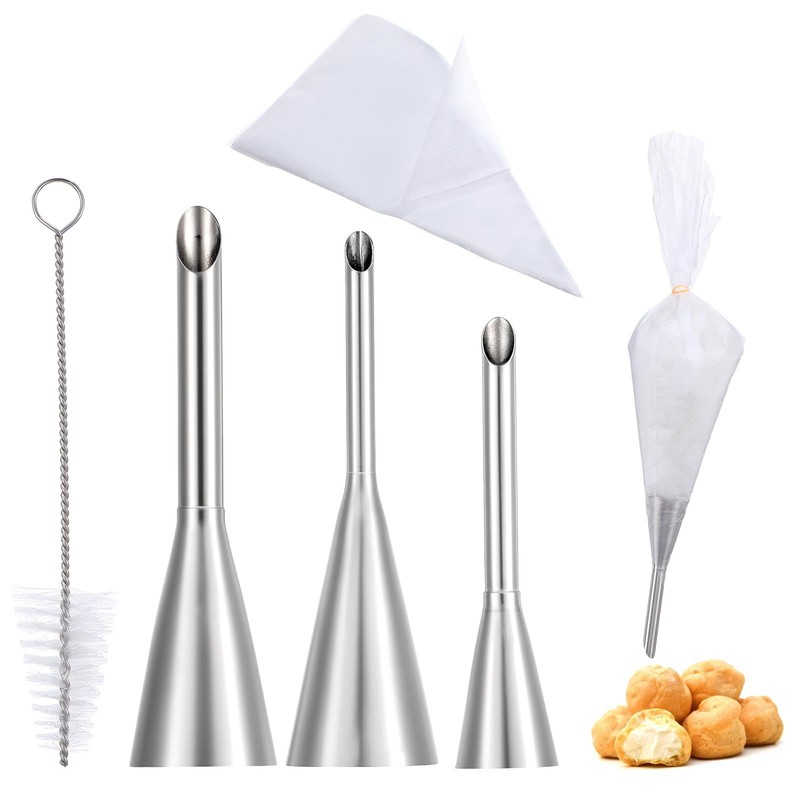 3 Pcs Puff Cream Filling Piping Tips Kit, Long Piping Nozzle with 50 Disposab…