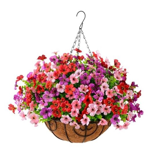 Artificial Faux Hanging Plants Flowers Basket for Outdoor Purple Red Pink