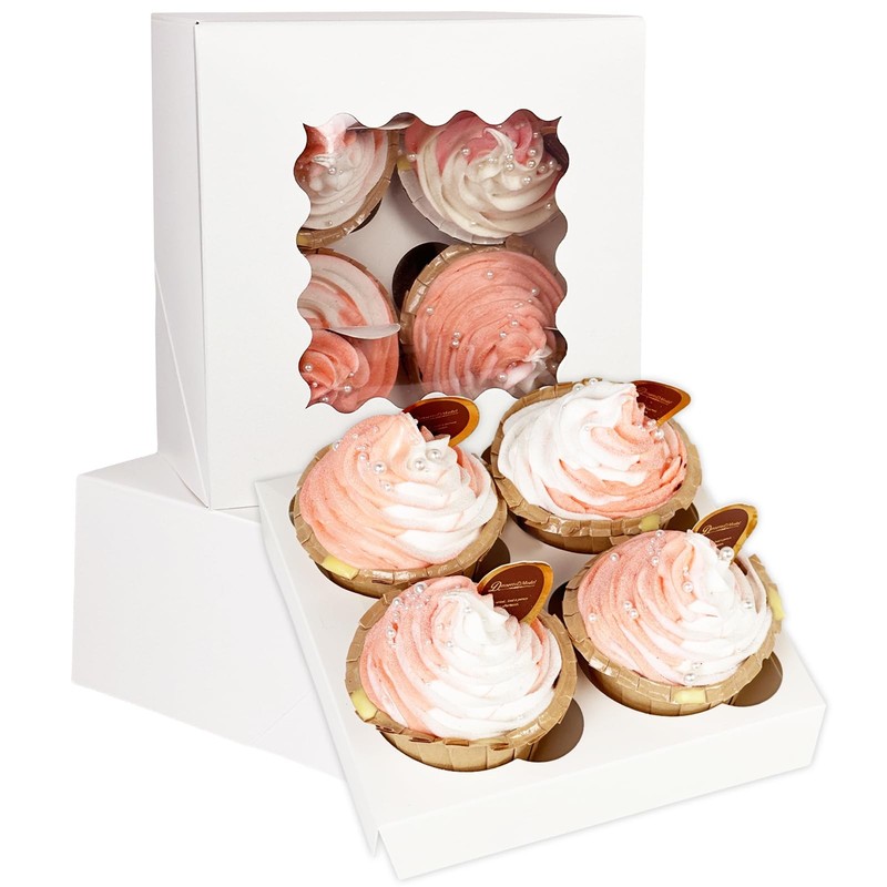 20 PCS Auto Pop Up 4 Cupcake Boxes Window White Box Carrier 6.3×6.3×3 Inch