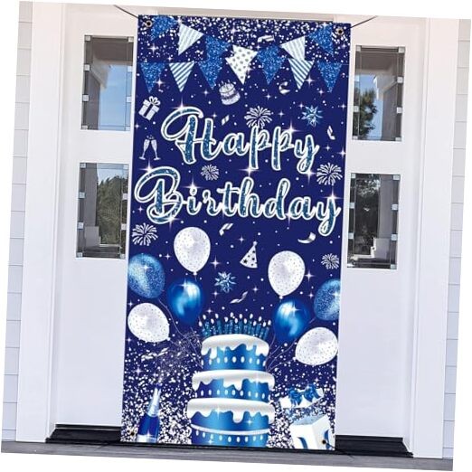 3x6ft Blue Silver Birthday Door Banner Navy Blue Glitter Sequin Happy gallery
