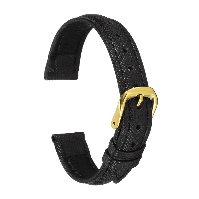14mm Thin Classic Black Gold Grain Leather Watch Strap