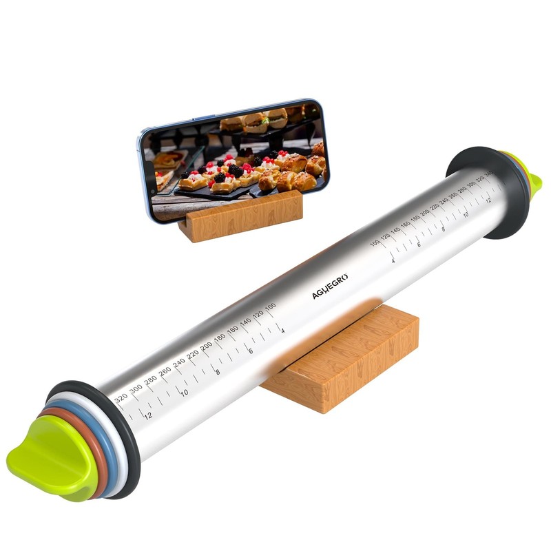 Stainless Steel Rolling Pin with Thickness Rings and Wooden Stand Dough Thick…