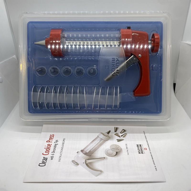 Kuhn Rikon Swiss COOKIE PRESS Red Clear 6 Tips 14 Designs Case