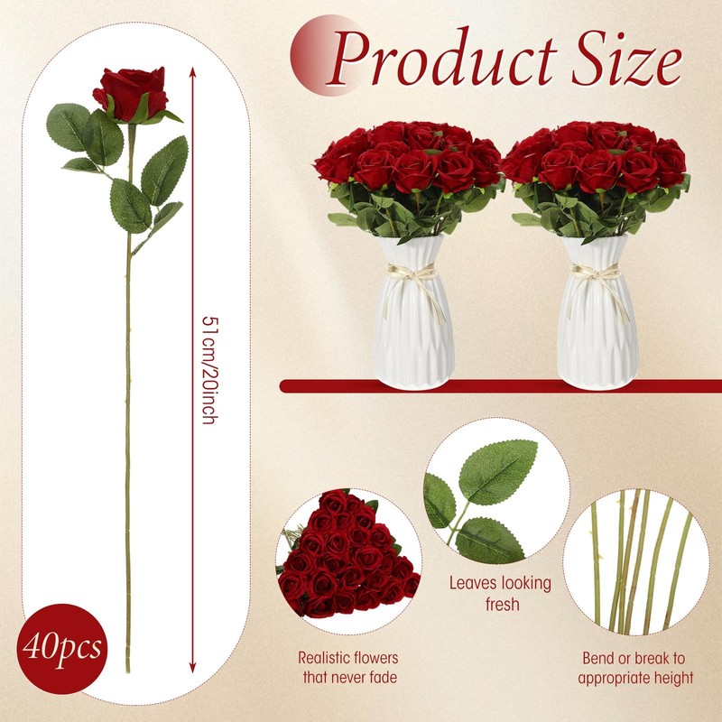 Hotop 40 Pcs Fake Rose Artificial Flowers Bulk, Long Stem Silk Realistic gallery