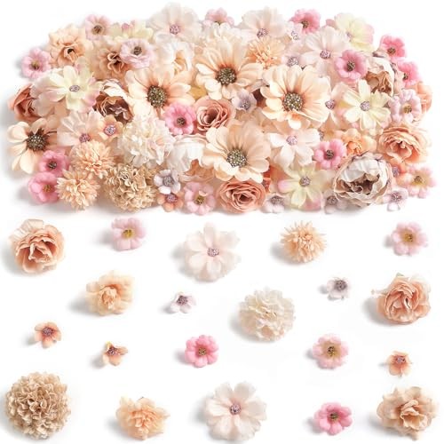 Faux Flower Heads Mini Artificial Flower Heads Fake Peony Daisy Rose Champagne gallery