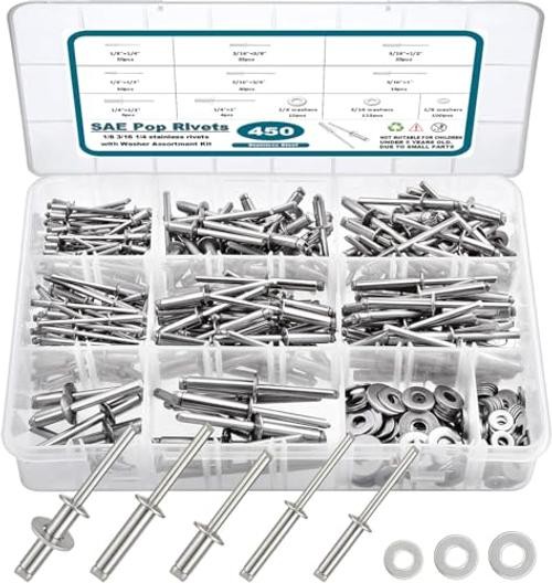 450Pcs 304 Stainless Steel Pop Rivets with Washers Assortment Kit,1/8" 3/16" gallery
