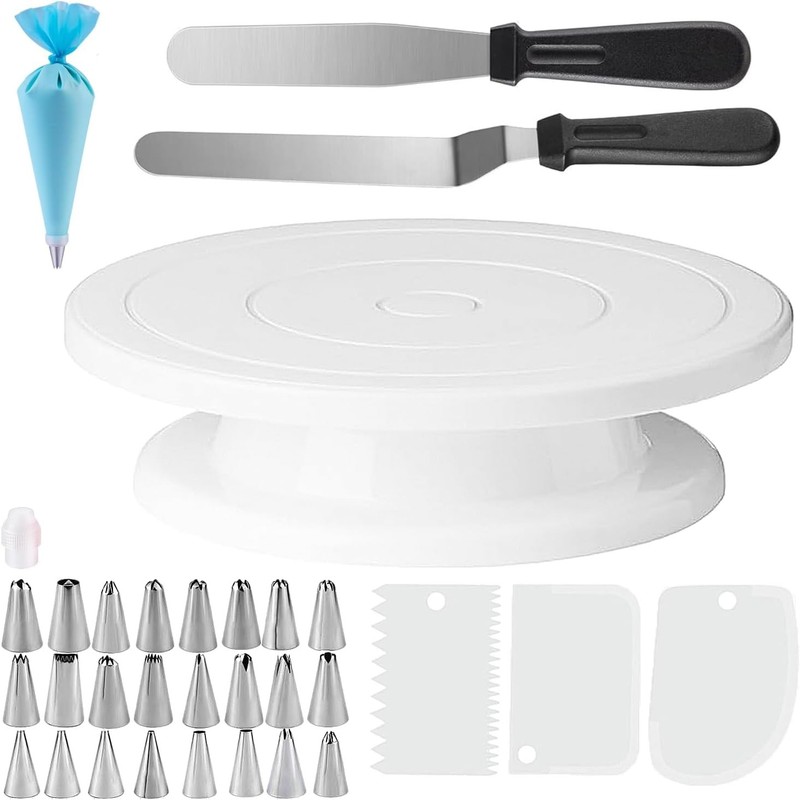 11 Inch Revolving Cake Stand Turntable, Cake Decorating Kit with 24 Icing