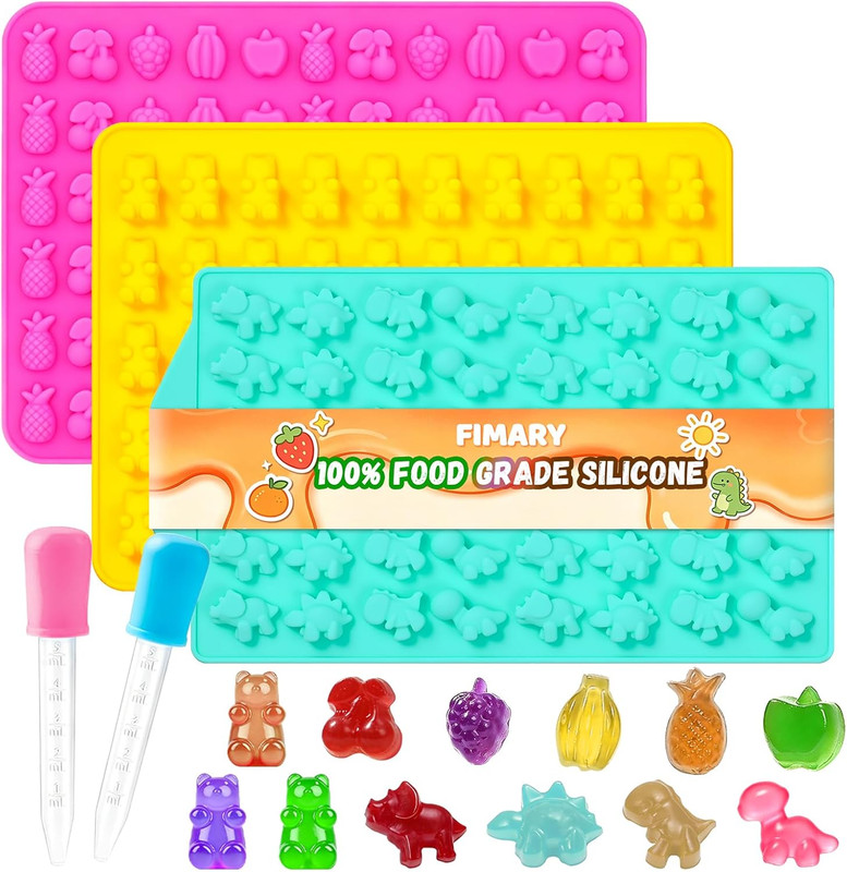 Gummy Candy Molds with 2Pcs Droppers, Silicone Bear Dinosaur Fruit Snack Molds,