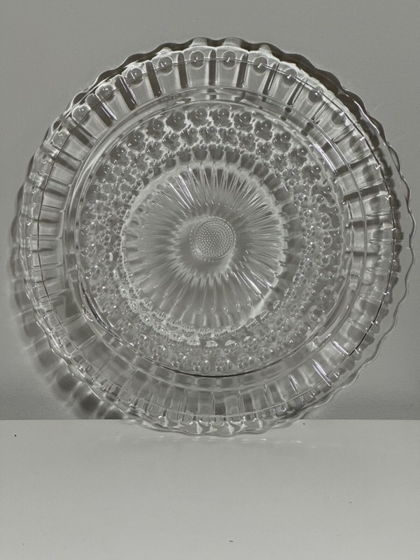 Vintage Clear Glass 3-Footed Sunflower Bubble Dots Scalloped Cake Plate 11 1/2" gallery