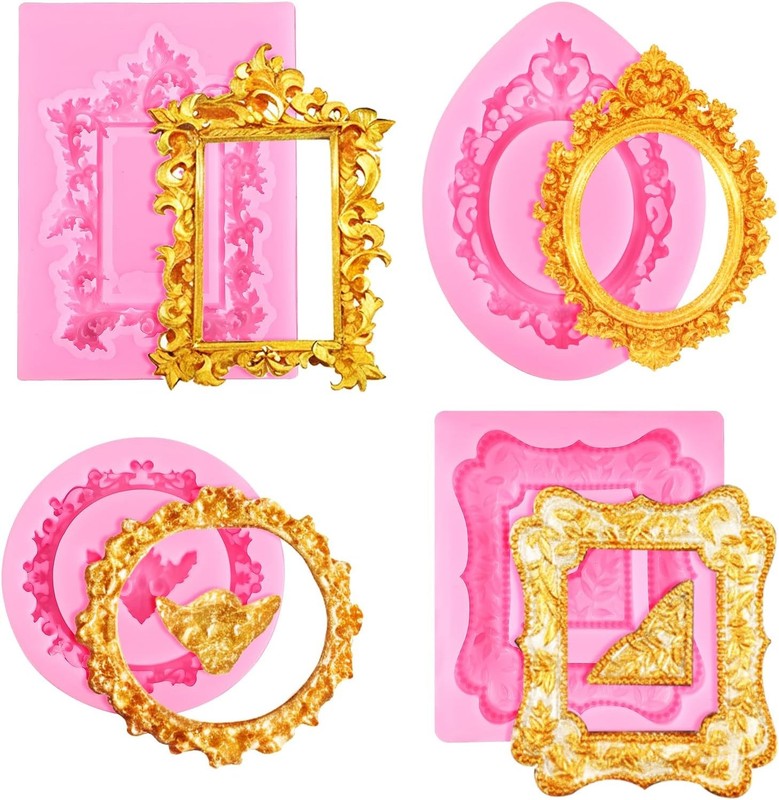 4 Pcs Photo Frame Silicone Molds, Baroque Style Air Dry Clay Molds, Mini Frame