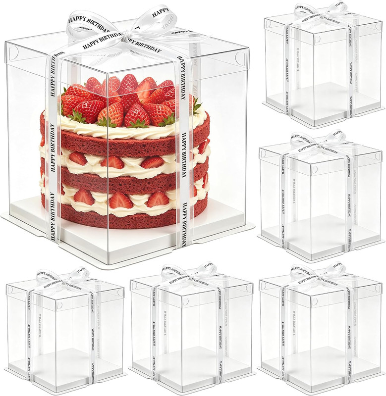6 Pack Clear Cake Box with Ribbon – 10 X 10 X 9.75 Inch Tall PET Cake Carrier Bo