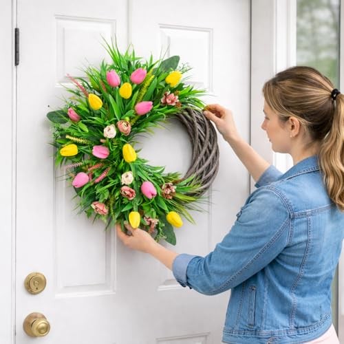 Spring Summer Wreath for Front Door, 24 Inch Artificial Tulip Yellow and Pink gallery