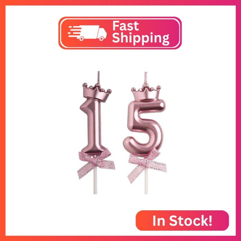 AOOLADA 15th Birthday Candles, Rose Gold 3D Number 15 Happy Birthday Candle with