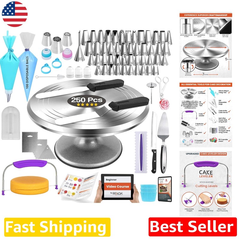Complete 250pc Cake Decorating Set: Aluminum, Pro Tools, Beginner Ebook Included